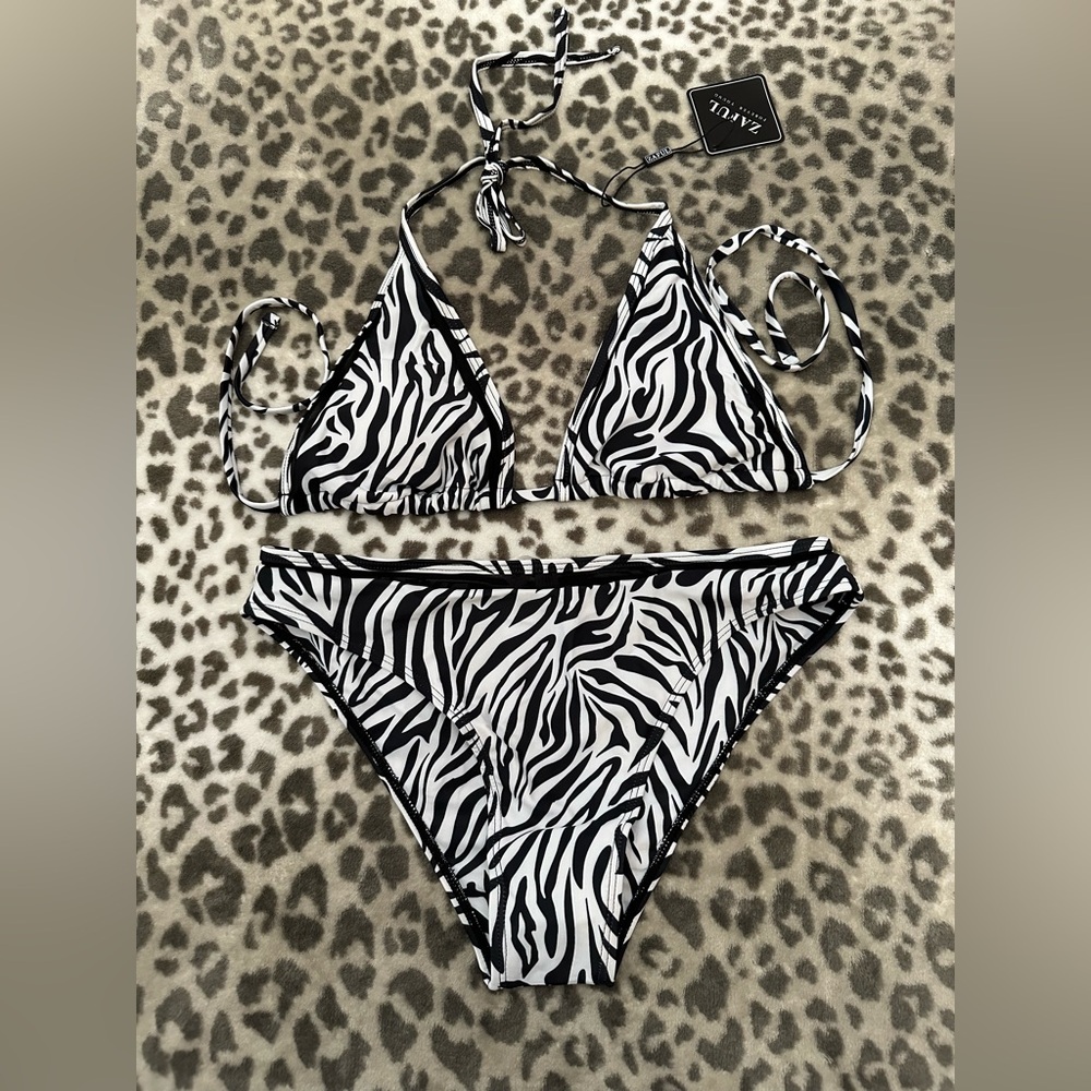 ZAFUL Sheer Mesh Halter Triangle String Bikini in Zebra Print Size Medium 6 US